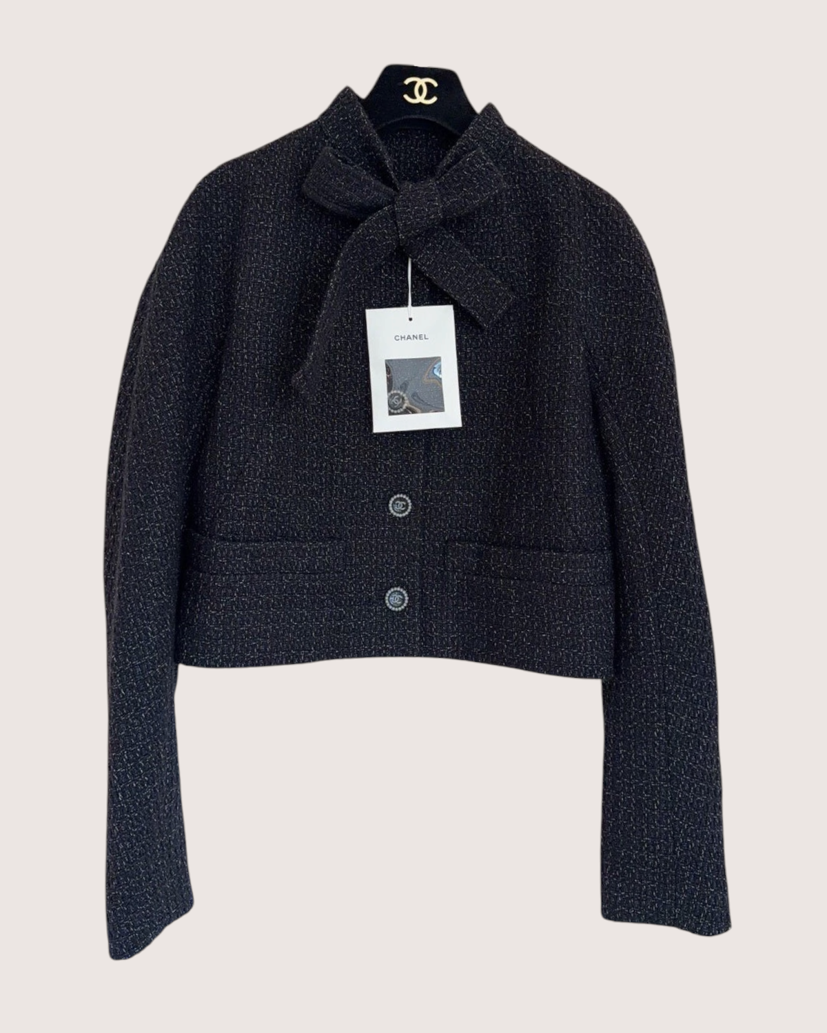 Chanel 24B Bow Shimmer Tweed Cropped Jacket Black FR 36