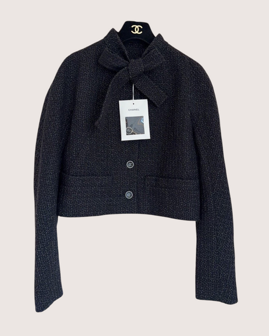 Chanel 24B Bow Shimmer Tweed Cropped Jacket Black FR 36
