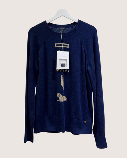 Chanel Cashmere Egyptian Sweater Navy, Gold FR 42