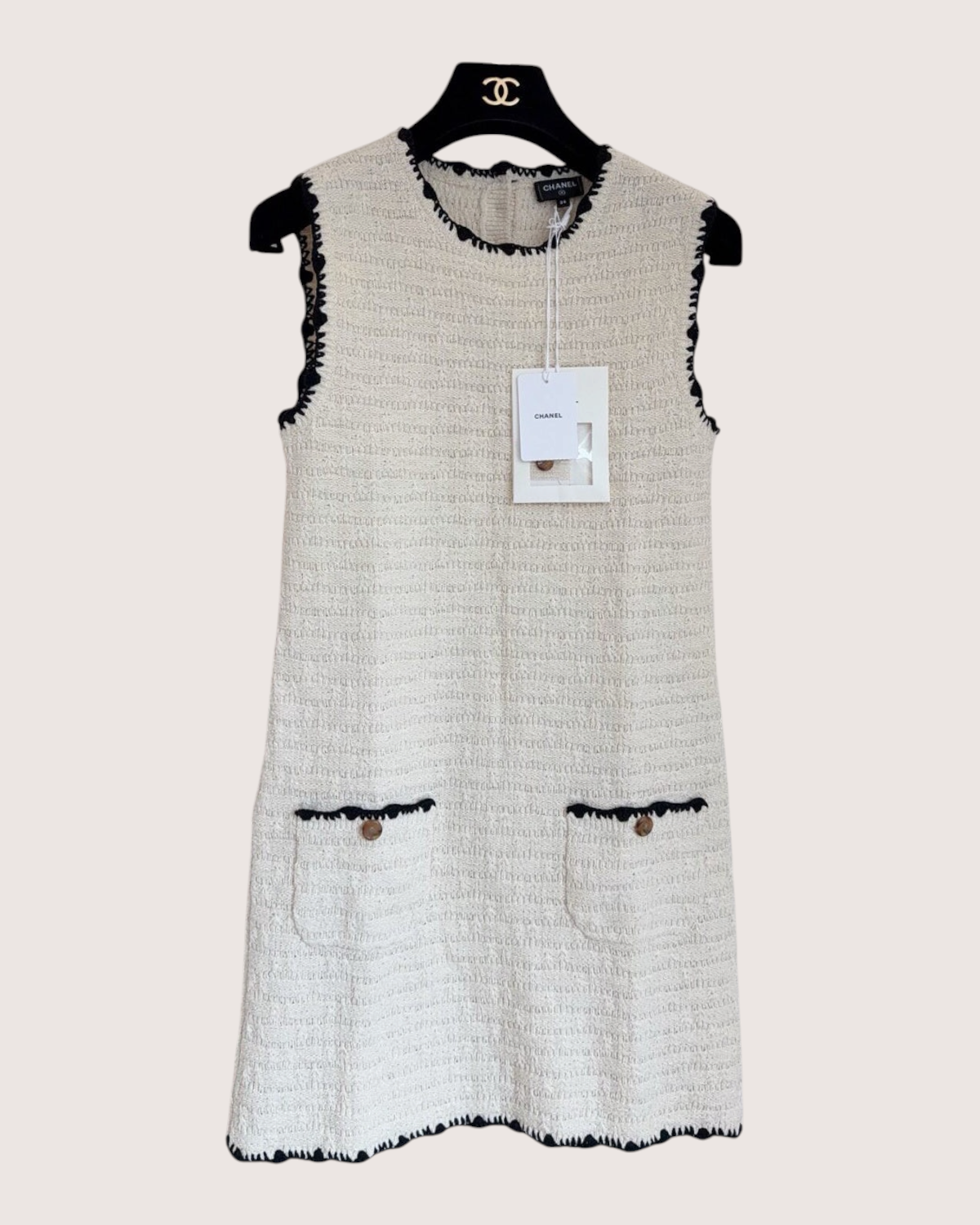 Chanel 26P Tweed Fringe-Trim Mini Dress Beige/Ecru, Black FR 34