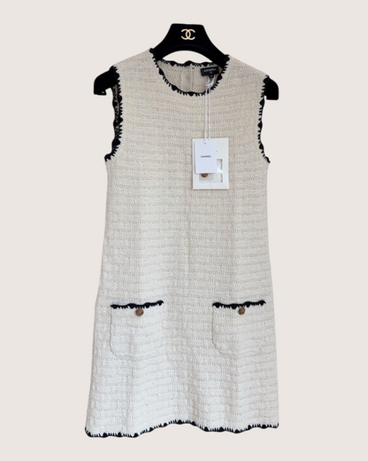 Chanel 26P Tweed Fringe-Trim Mini Dress Beige/Ecru, Black FR 34