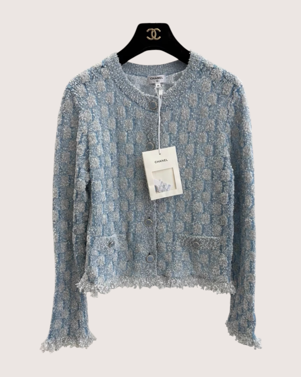 Chanel 26C Knit Shimmer Cardigan Blue, White, Silver FR 42
