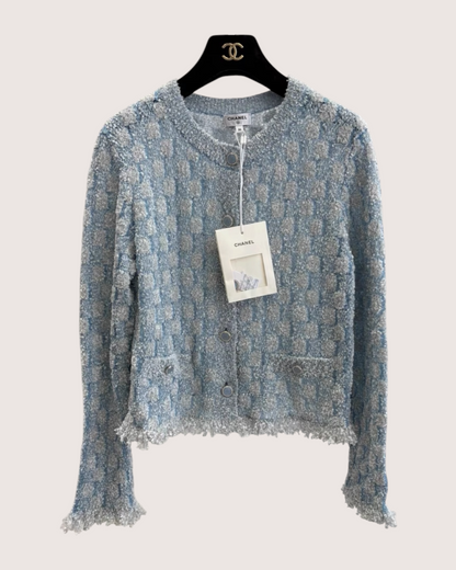 Chanel 26C Knit Shimmer Cardigan Blue, White, Silver FR 42