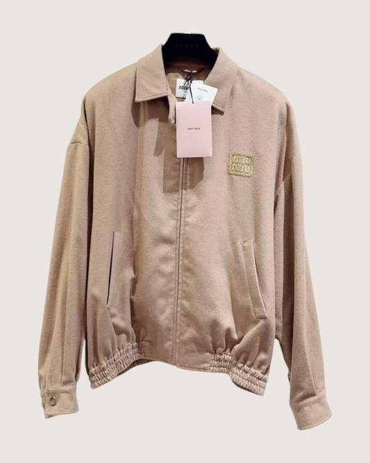 Miu Miu Wool Logo Zip-Up Jacket - Beige/Ecru