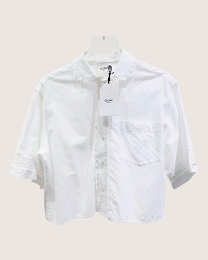 Celine Lace-Trim Cropped Shirt White