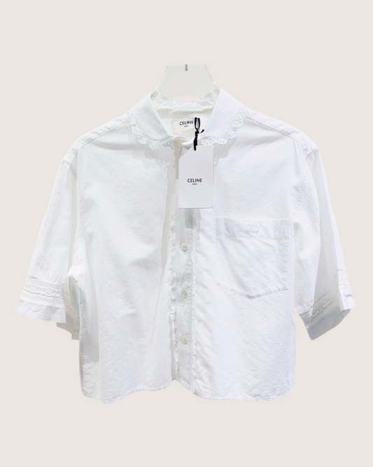 Celine Lace-Trim Cropped Shirt White