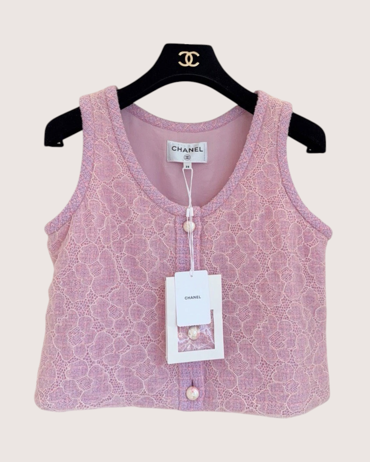Chanel 25B Tweed Camellia Lace Vest Pink, Purple FR 38