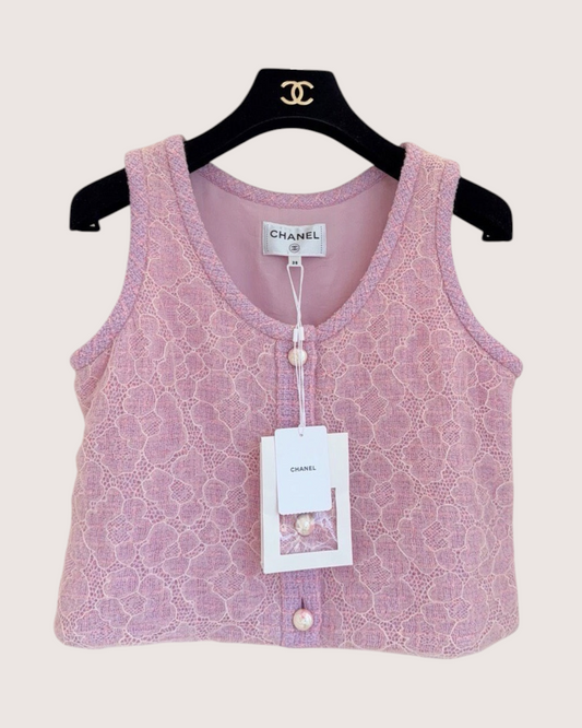 Chanel 25B Tweed Camellia Lace Vest Pink, Purple FR 38