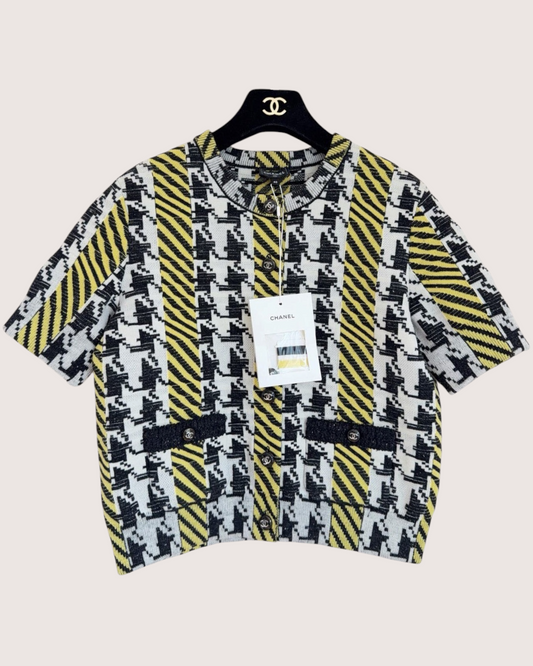 Chanel 24A Wool Houndstooth Short-Sleeve Cardigan Black, White, Yellow, Multicolor FR 40