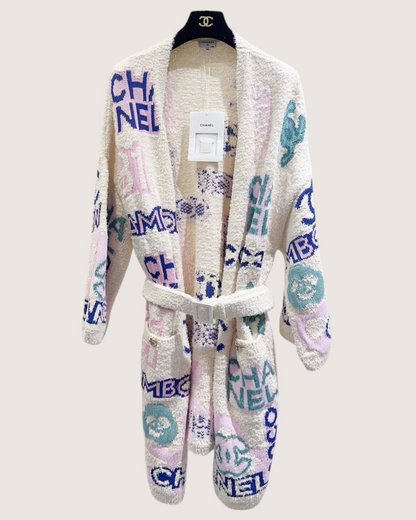 Chanel 23P Long Belted Logo Cardigan Beige/Ecru, Blue, Pink, Multicolor FR 38