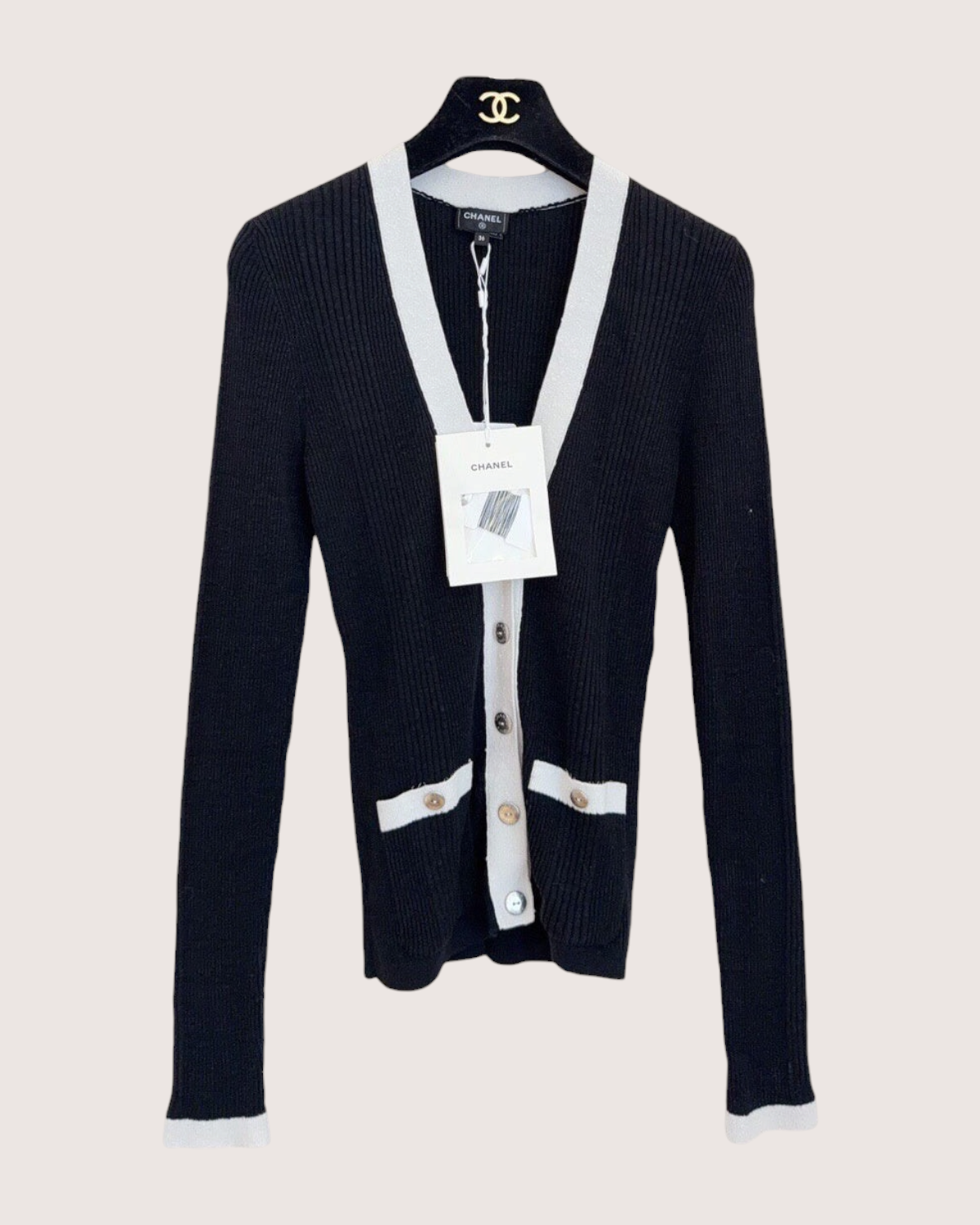 Chanel 26P Contrast-Trim Cardigan Black, Beige/Ecru FR 36