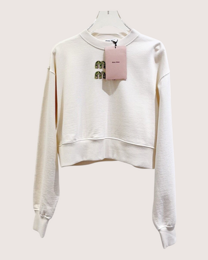 Miu Miu Crystal Logo Sweatshirt Beige/Ecru, Green FR 34