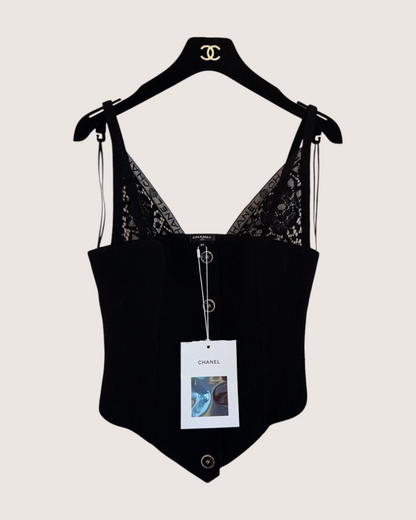 Chanel 25B Wool Logo Lace Bustier Top Black FR 34