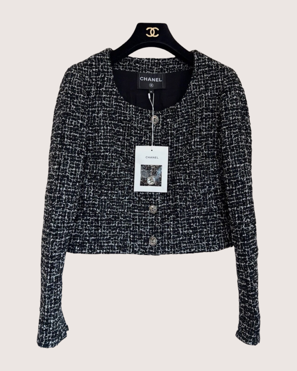 Chanel 24B Tweed Crewneck Jacket Black, White FR 36
