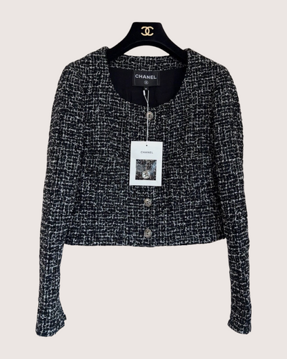 Chanel 24B Tweed Crewneck Jacket Black, White FR 36
