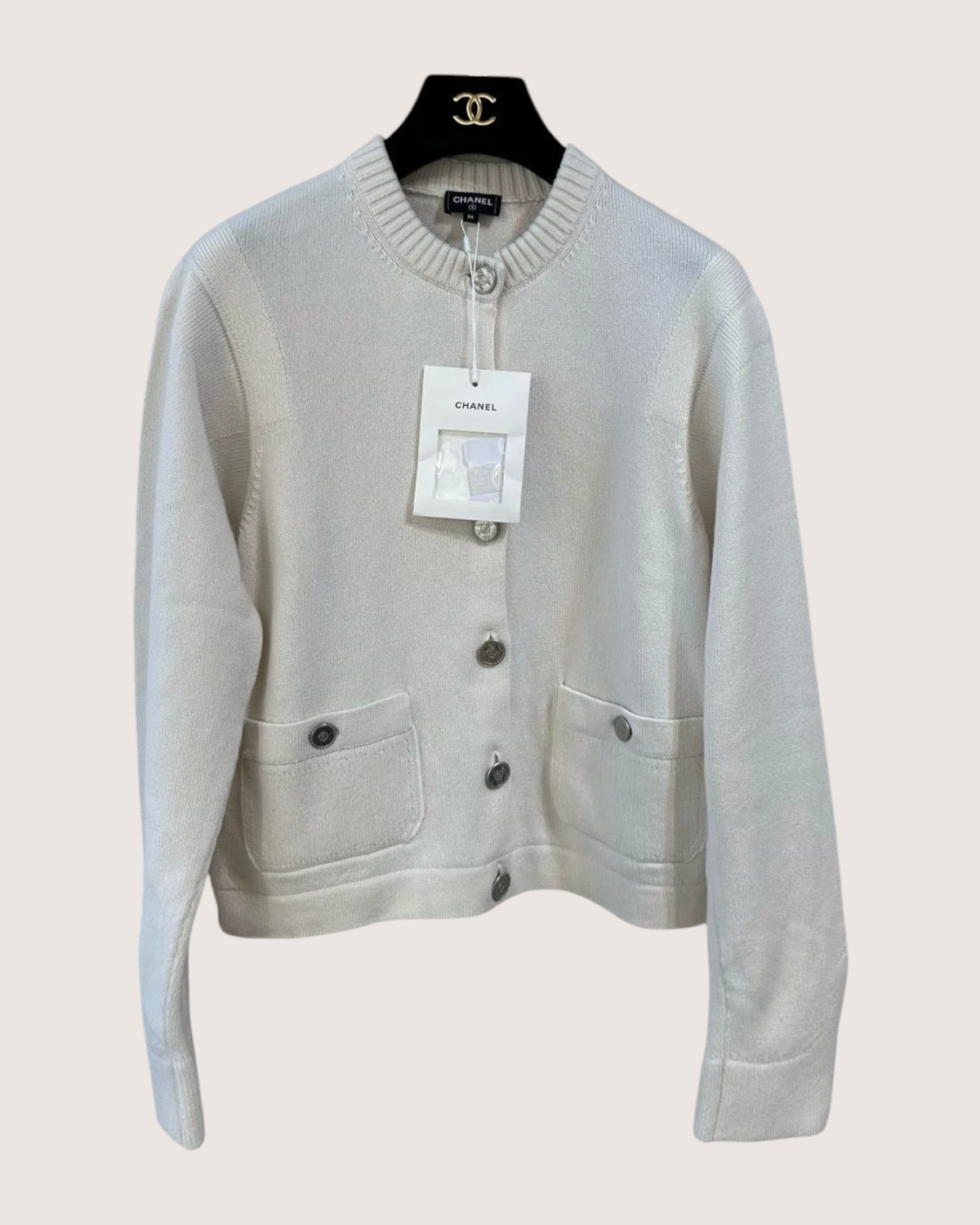 Chanel 25P Cashmere Cardigan Beige/Ecru, White FR 34