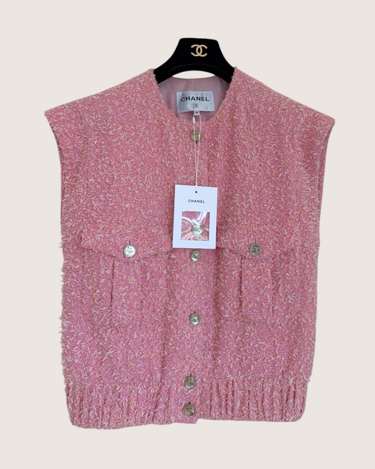 Chanel 21S Flap-Pocket Tweed Vest Pink, Orange FR 38