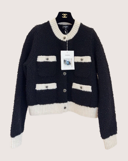 Chanel 25K Wool Contrast-Trim Four-Pocket Cardigan Black, Beige/Ecru FR 36
