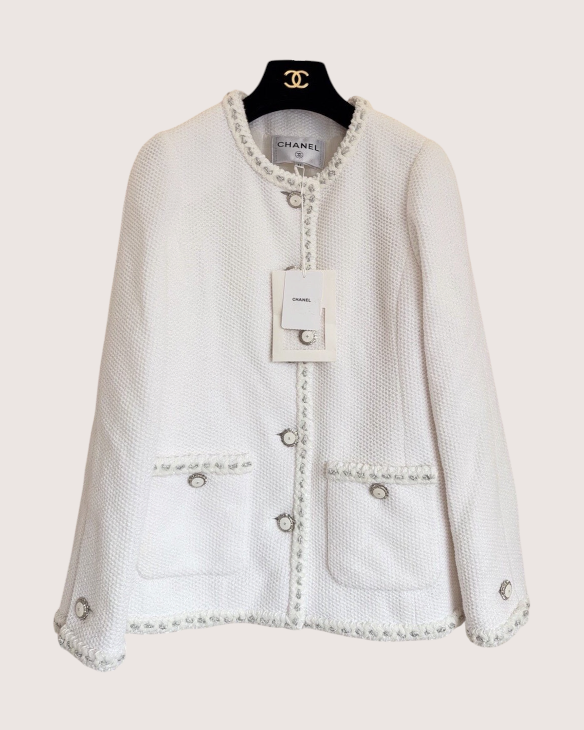 Chanel 26C Braid-Trim Tweed Jacket White, Silver FR 34