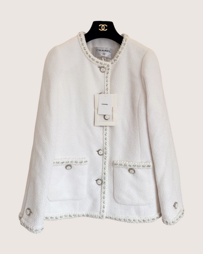Chanel 26C Braid-Trim Tweed Jacket White, Silver FR 34