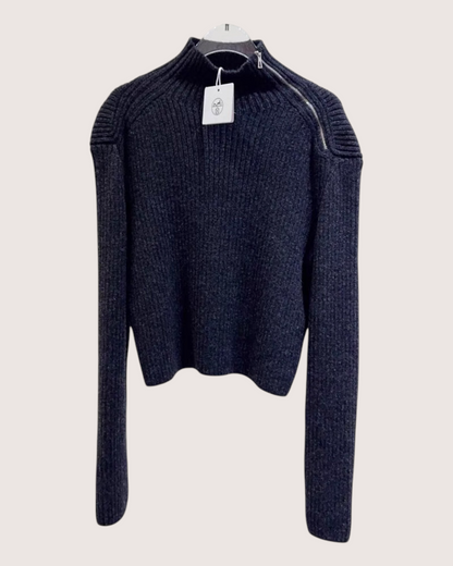 Hermès Wool Ribbed Zip-Neck Sweater Grey FR 40