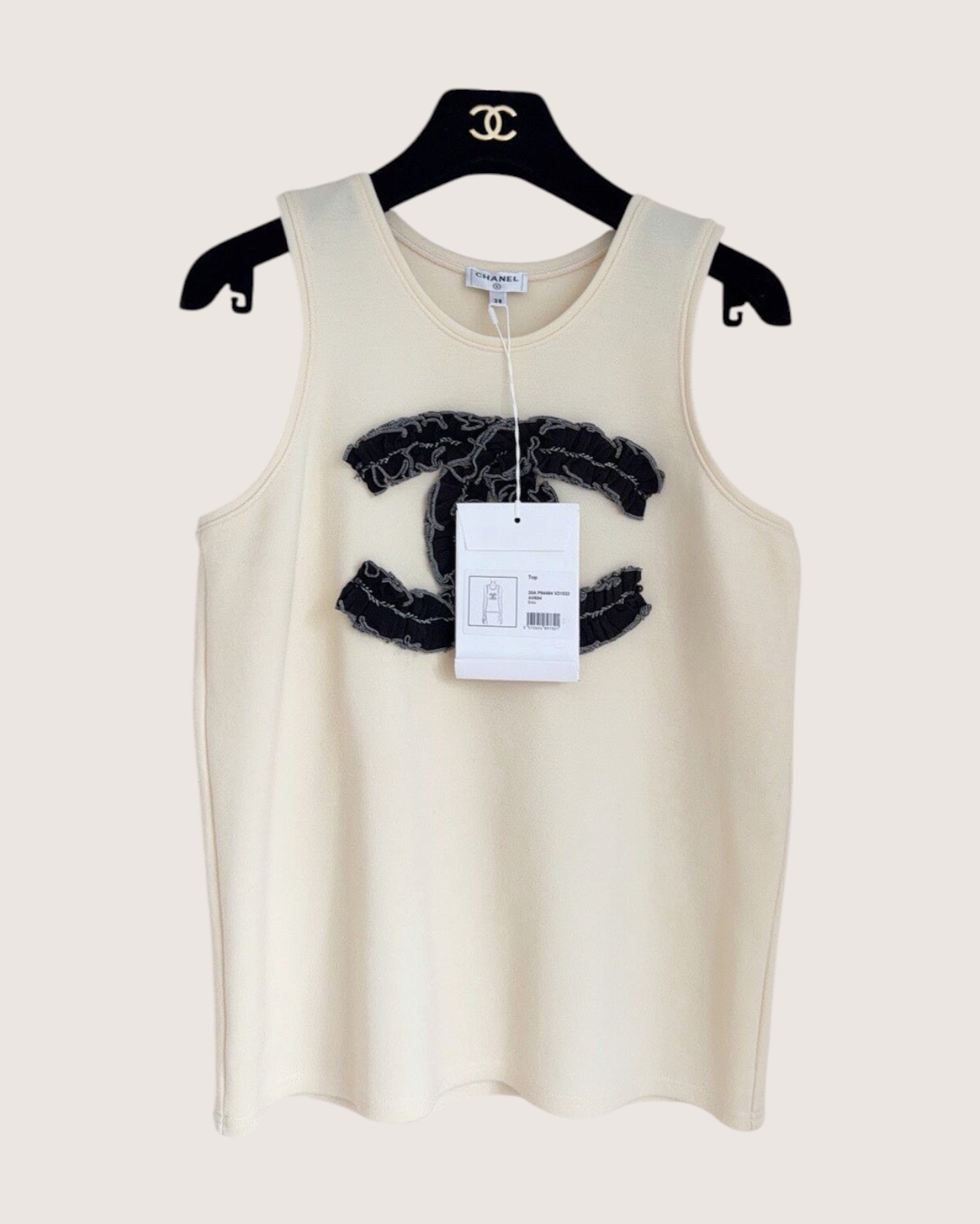 Chanel 20A Wool Ruffled CC Tank Top Beige/Ecru, Black FR 38