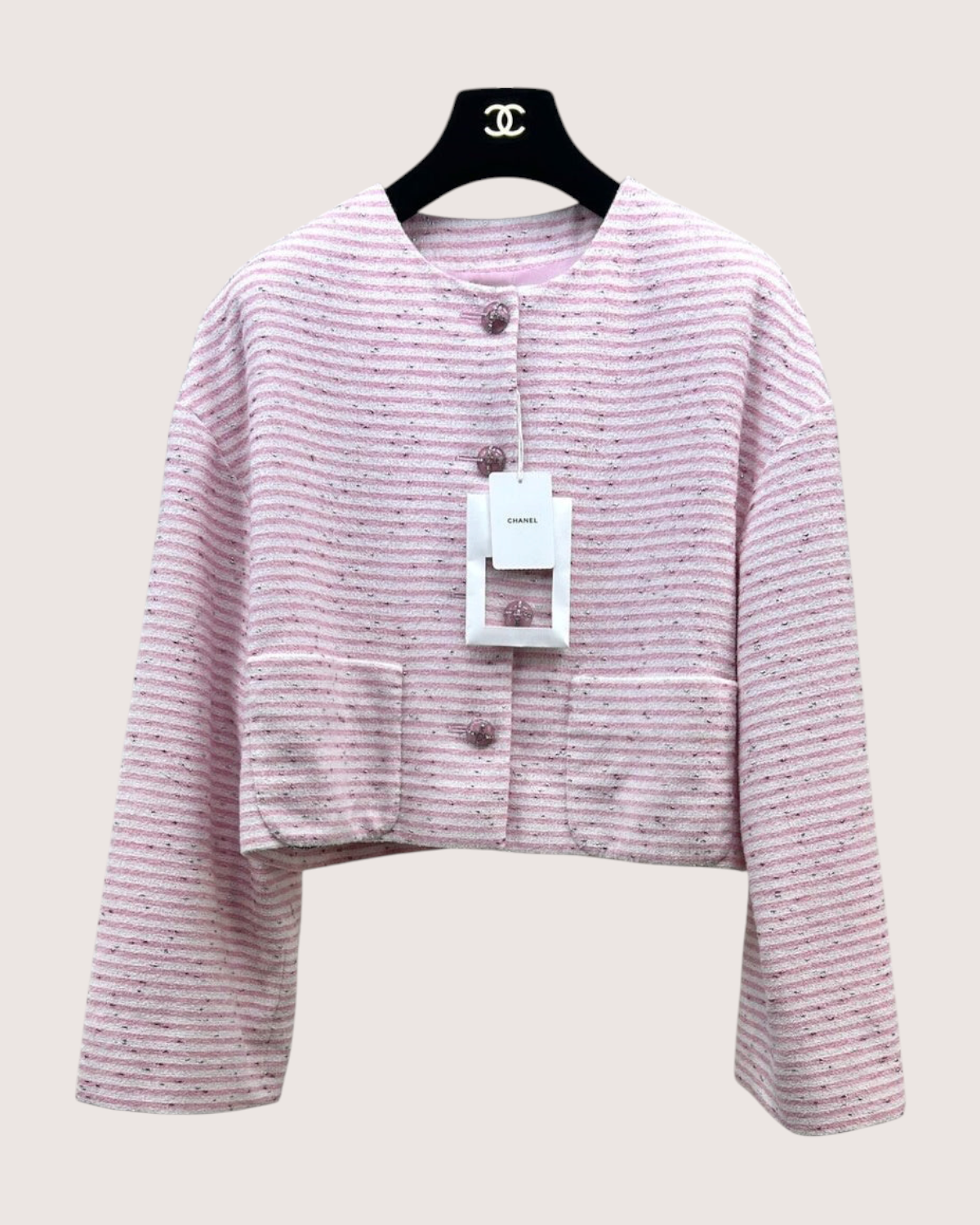 Chanel 24C Striped Tweed Crewneck Shimmer Jacket Pink, White FR 40