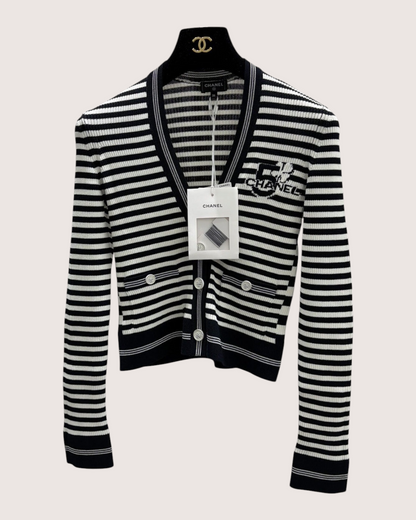 Chanel 23C Striped Cardigan Navy, White FR 36