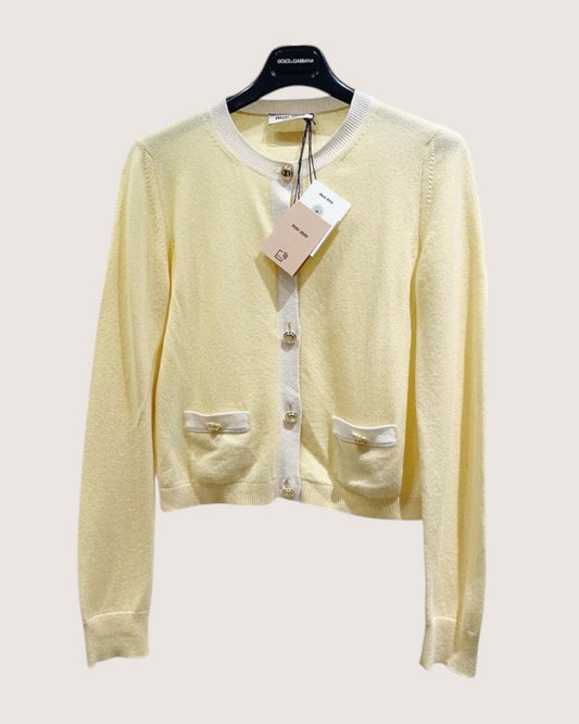 Miu Miu Cashmere Two-Tone Cardigan Yellow, Beige/Ecru FR 40