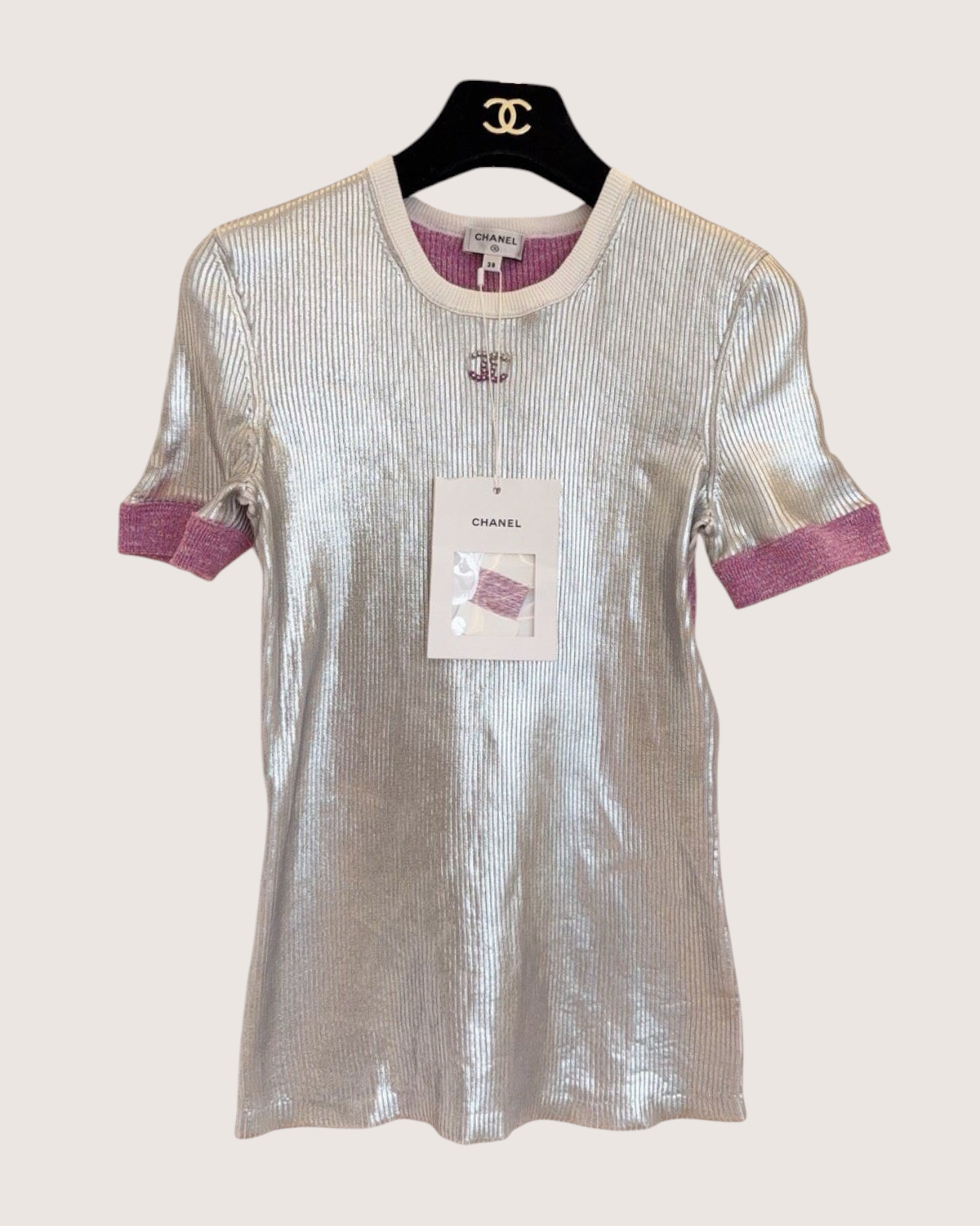 Chanel 25C Metallic CC Short-Sleeve Top Silver, Pink, White FR 38