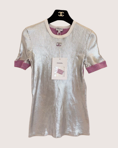 Chanel 25C Metallic CC Short-Sleeve Top Silver, Pink, White FR 38