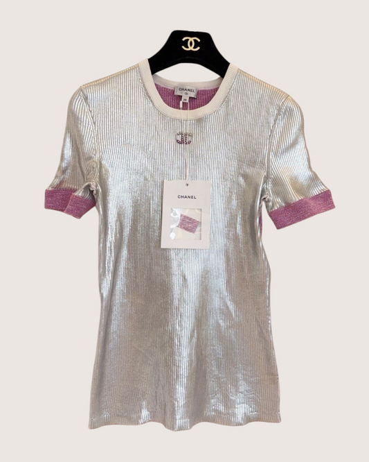 Chanel 25C Metallic CC Short-Sleeve Top Silver, Pink, White FR 38
