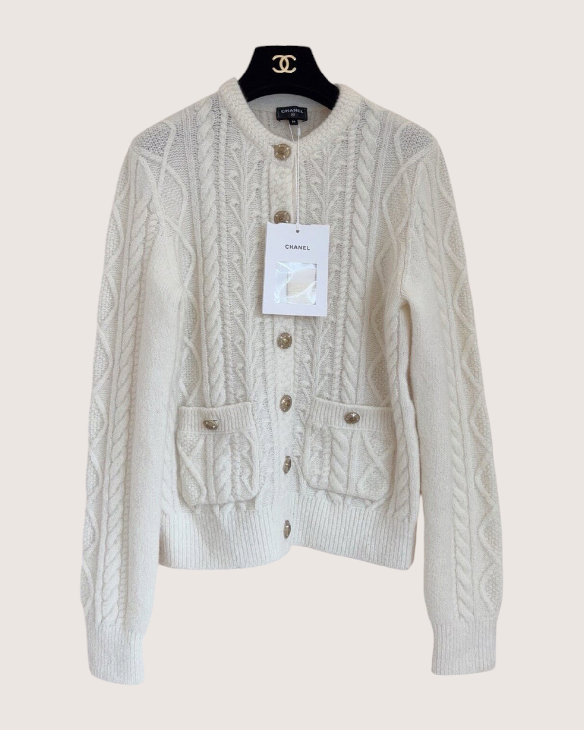 Chanel 25N Coco Neige Cashmere Cardigan Beige/Ecru FR 36