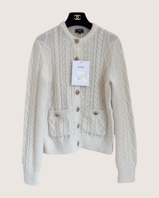 Chanel 25N Coco Neige Cashmere Cardigan Beige/Ecru FR 36