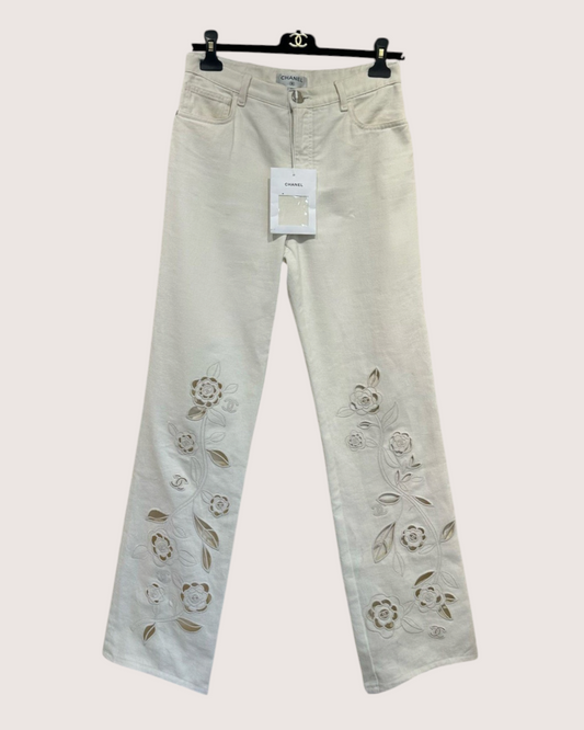 Chanel 24P Floral Openwork Straight-Leg Denim Jeans Beige/Ecru FR 36