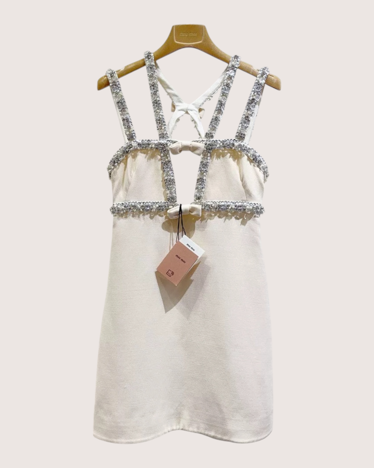 Miu Miu Tweed Crystal-Fringe Mini Dress Beige/Ecru, White FR 36
