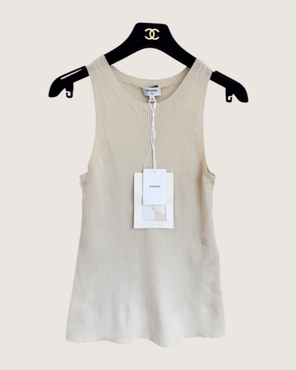 Chanel 26B CC Logo Ribbed Tank Top Beige/Ecru FR 40
