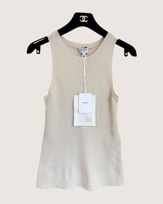 Chanel 26B CC Logo Ribbed Tank Top Beige/Ecru FR 40