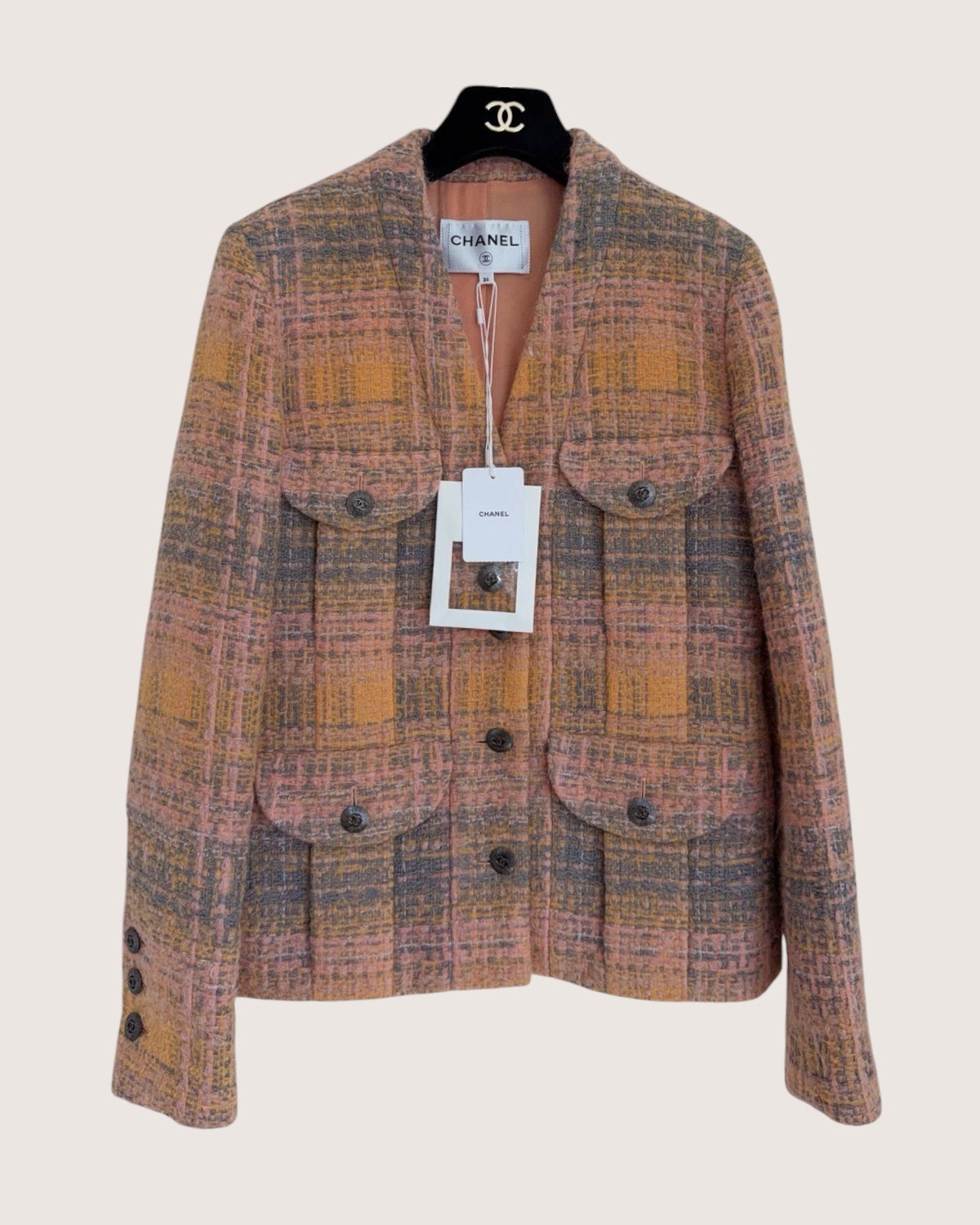 Chanel 24A Plaid Tweed Four-Pocket Jacket Pink, Orange, Grey FR 36