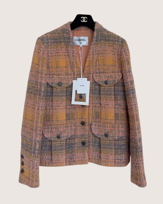 Chanel 24A Plaid Tweed Four-Pocket Jacket Pink, Orange, Grey FR 36