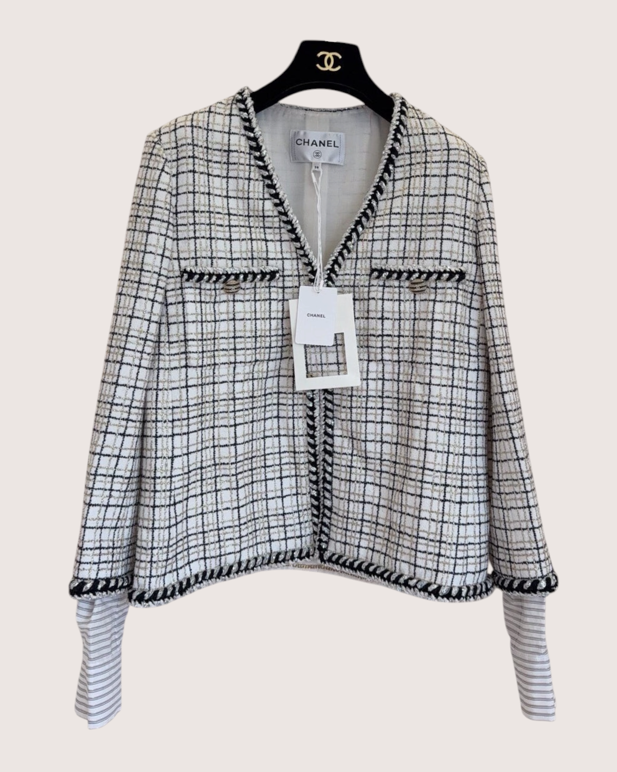 Chanel 24C Checked Shirt-Cuff Tweed Jacket White, Black, Gold FR 38