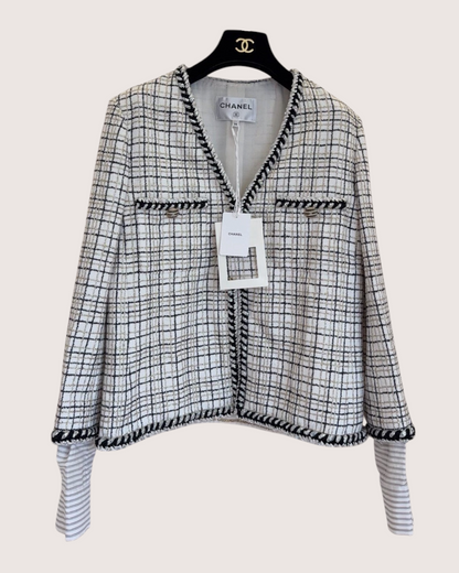 Chanel 24C Checked Shirt-Cuff Tweed Jacket White, Black, Gold FR 38