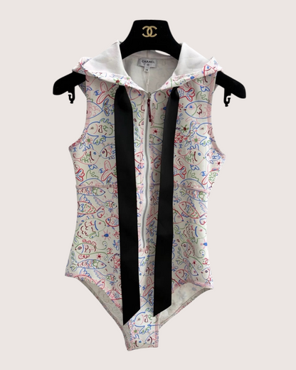 Chanel 25C Fish-Print Hooded One-Piece Swimsuit White, Black, Multicolor FR 38