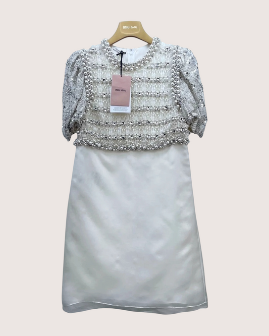 Miu Miu Embellished Mini Dress - White, Beige/Ecru