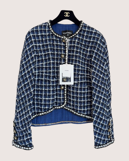 Chanel 23P Checked Tweed Jacket Blue, Black, Beige/Ecru FR 38