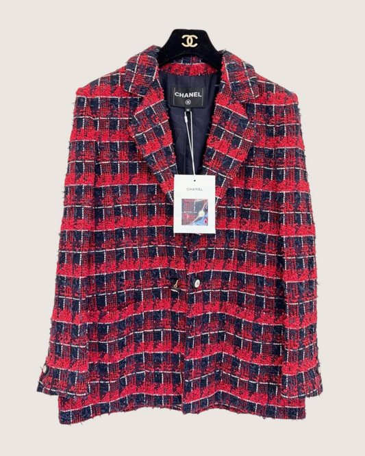 Chanel 24S Plaid Tweed Jacket Red, Navy, White FR 38