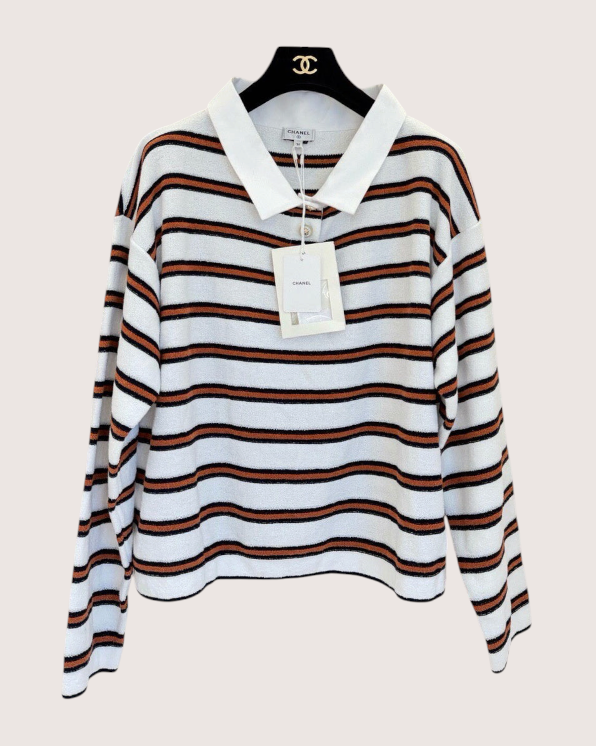 Chanel 26C Striped Polo Top White, Black, Brown FR 36