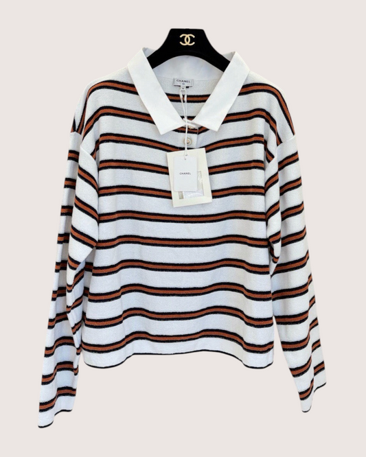 Chanel 26C Striped Polo Top White, Black, Brown FR 36