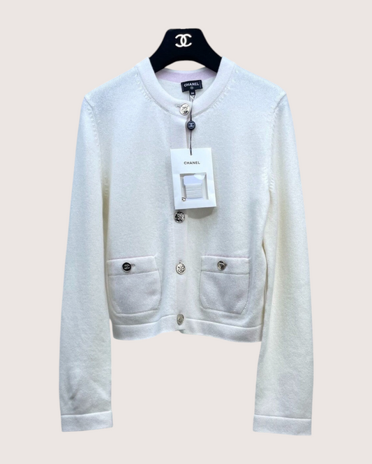Chanel 25B Cashmere Embroidered Logo Cardigan Beige/Ecru, Gold FR 34