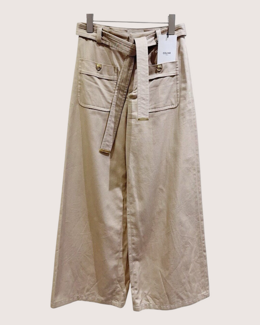 Celine Belted Wide-Leg Trousers Beige/Ecru